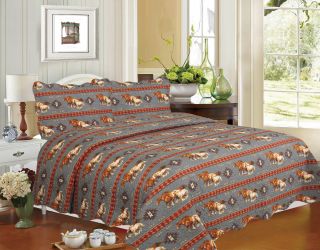 3PC QUEEN Size Quilted Gray Running Horse Quilt Set